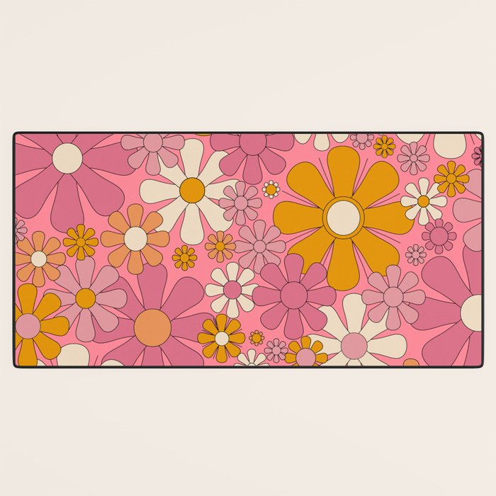 Groovy Pink Retro Garden Flowers 60s 70s Floral Pattern Desk Mat Gallery Image 3