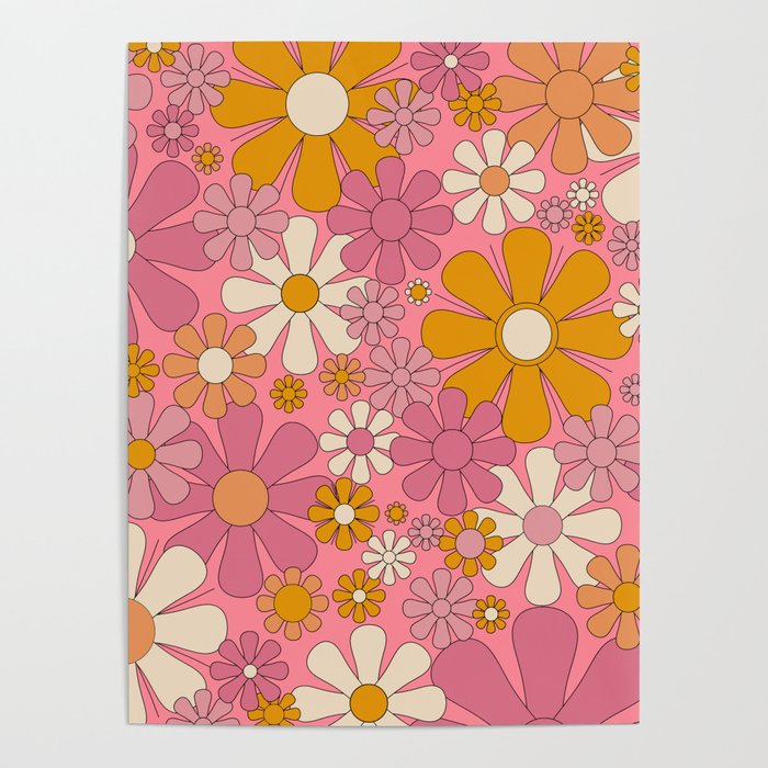 Groovy Pink Retro Garden Flowers 60s 70s Floral Pattern Poster Gallery Image 4