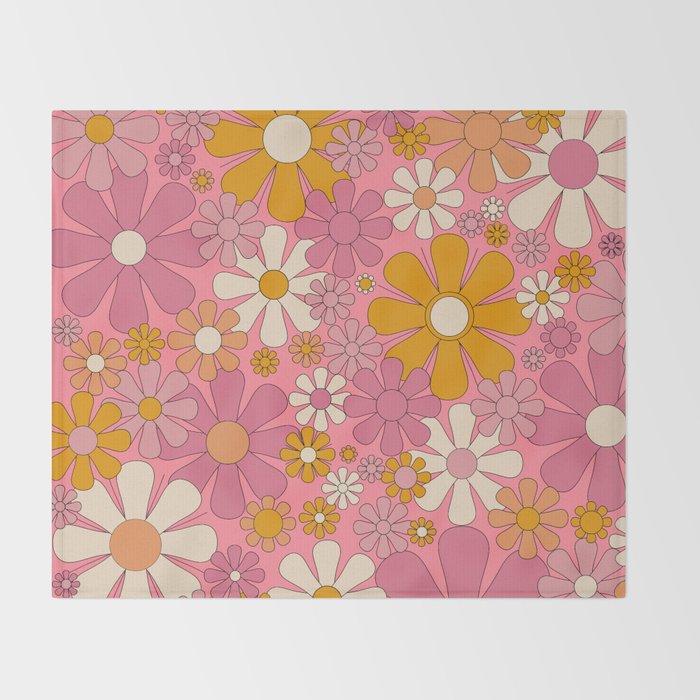Groovy Pink Retro Garden Flowers 60s 70s Floral Pattern Throw Blanket Gallery Image 2