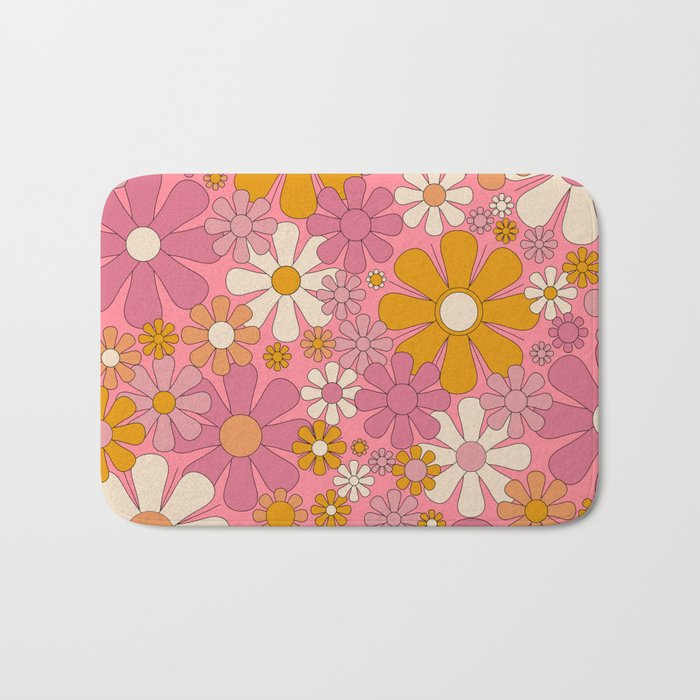Groovy Pink Retro Garden Flowers 60s 70s Floral Pattern Bath Mat Gallery Image 1