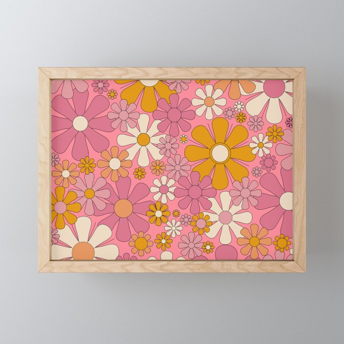 Groovy Pink Retro Garden Flowers 60s 70s Floral Pattern Mini Art Print Gallery Image 1