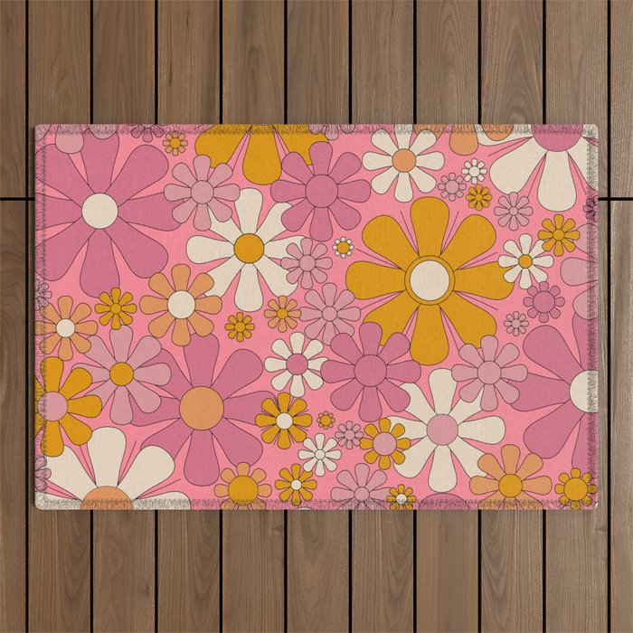 Groovy Pink Retro Garden Flowers 60s 70s Floral Pattern Outdoor Rug Gallery Image 1