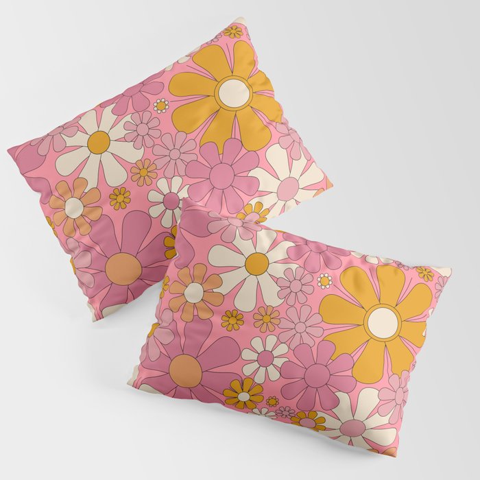 Groovy Pink Retro Garden Flowers 60s 70s Floral Pattern Pillow Sham Gallery Image 3
