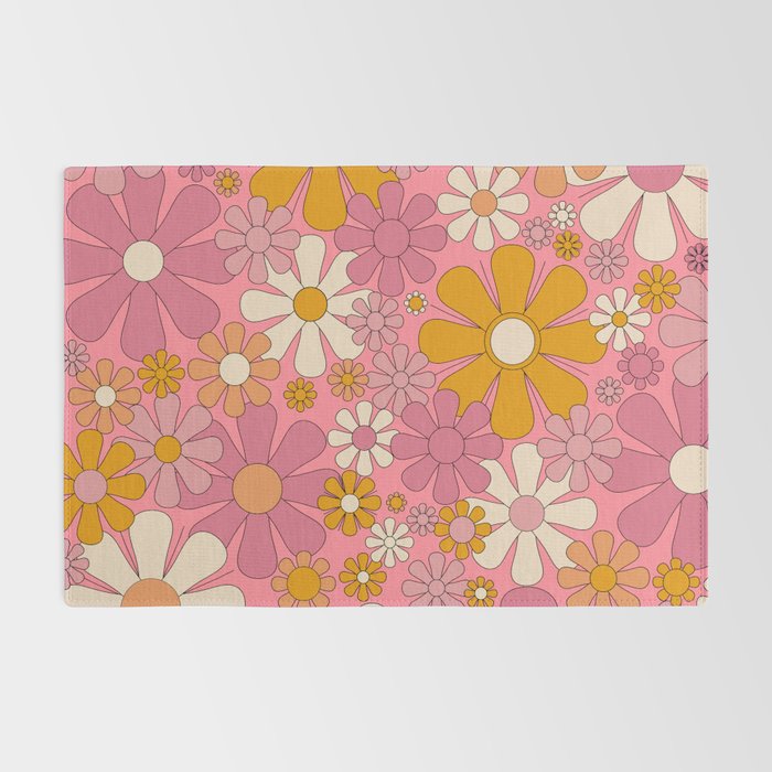 Groovy Pink Retro Garden Flowers 60s 70s Floral Pattern Rug Gallery Image 2