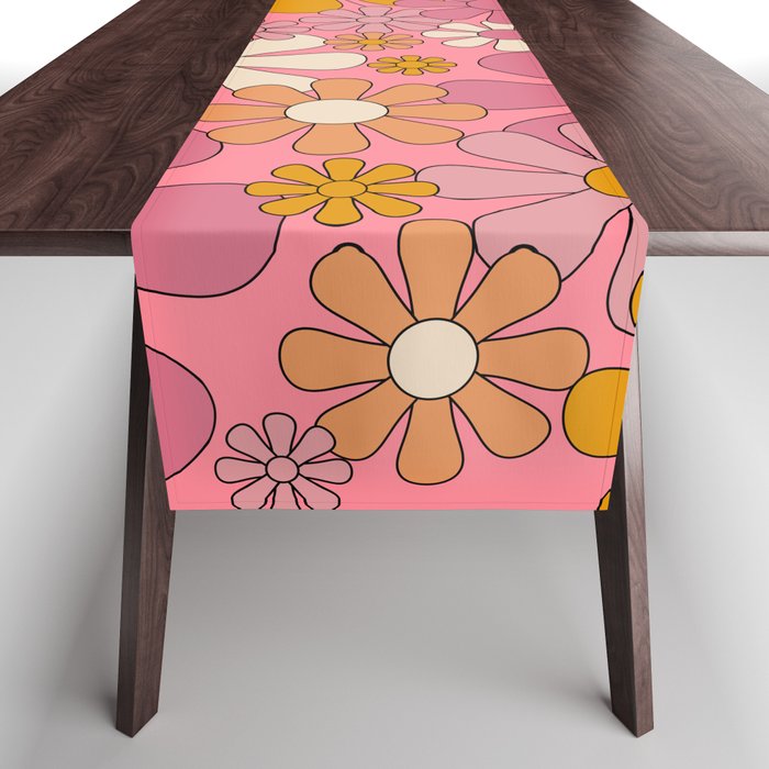 Groovy Pink Retro Garden Flowers 60s 70s Floral Pattern Table Runner Gallery Image 1