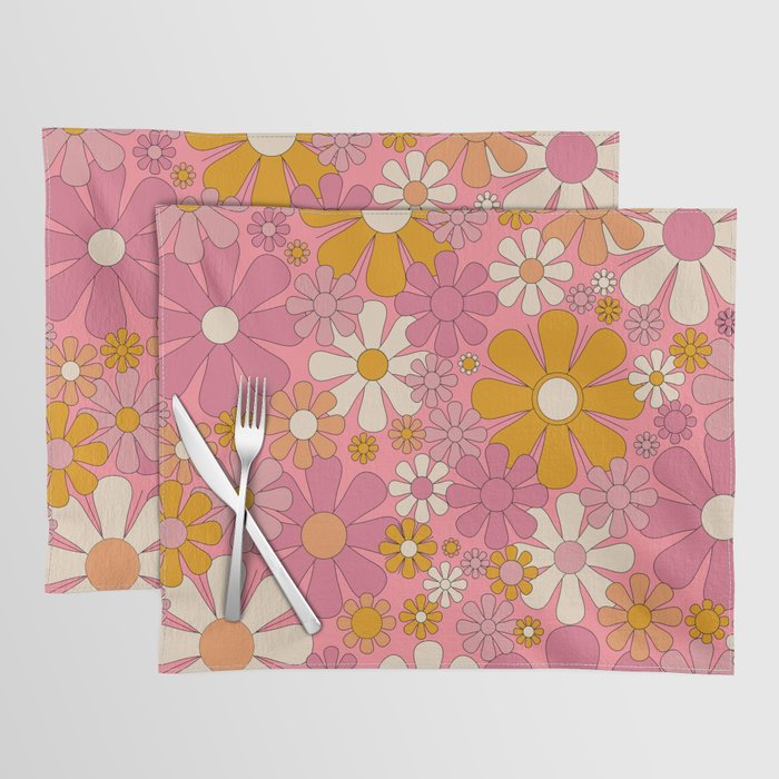 Groovy Pink Retro Garden Flowers 60s 70s Floral Pattern Placemat Gallery Image 1
