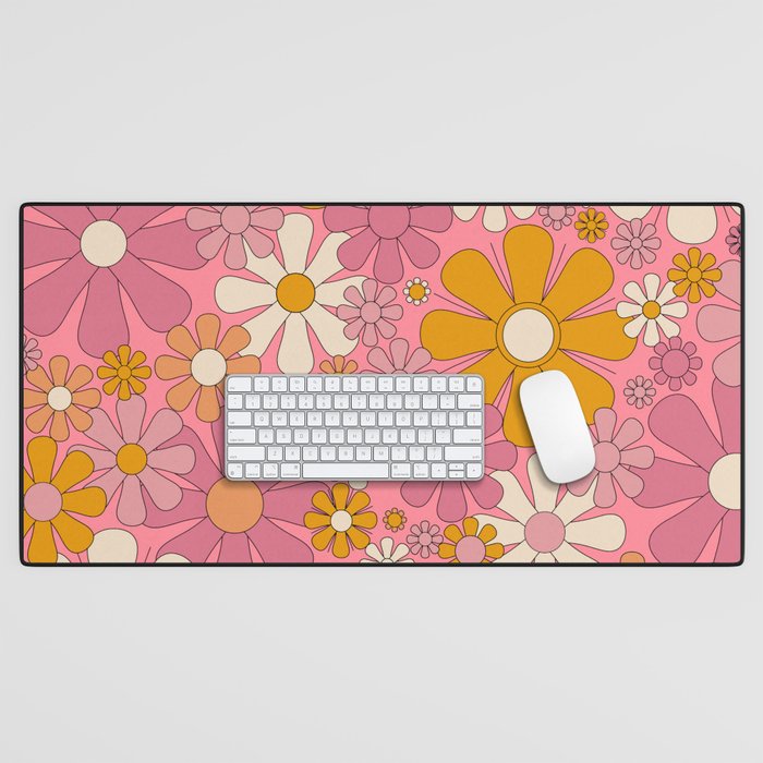 Groovy Pink Retro Garden Flowers 60s 70s Floral Pattern Desk Mat Gallery Image 1