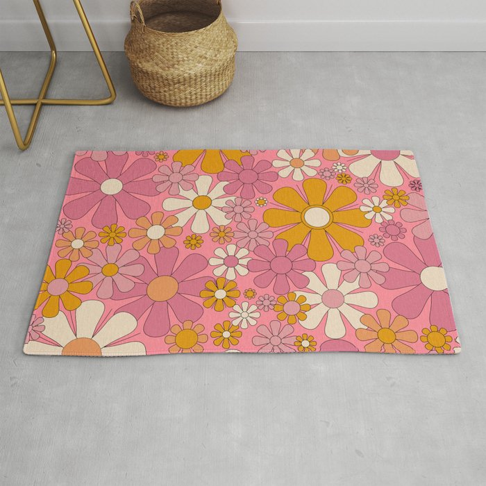Groovy Pink Retro Garden Flowers 60s 70s Floral Pattern Rug Gallery Image 1
