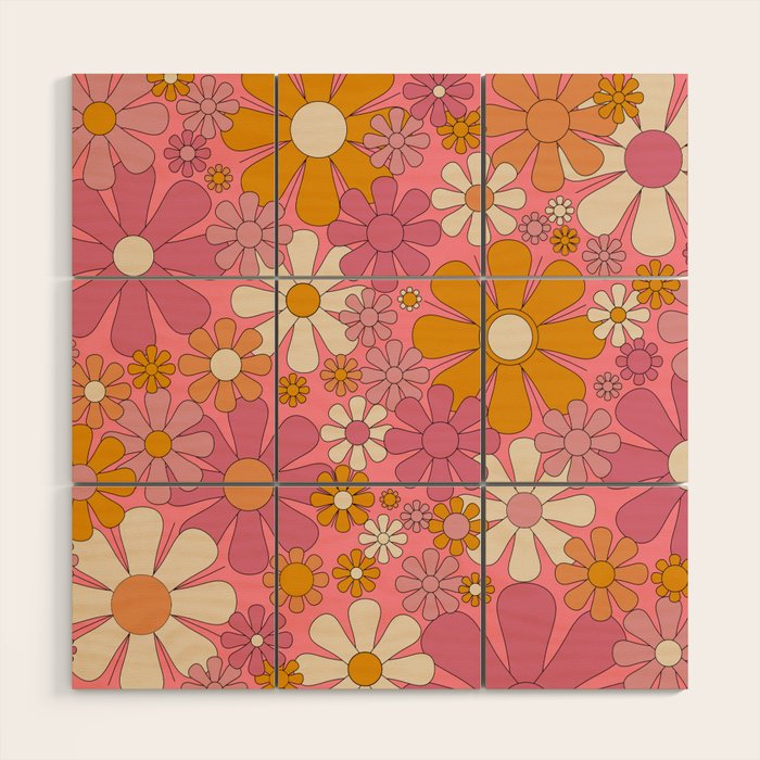 Groovy Pink Retro Garden Flowers 60s 70s Floral Pattern Wood Wall Art Gallery Image 1