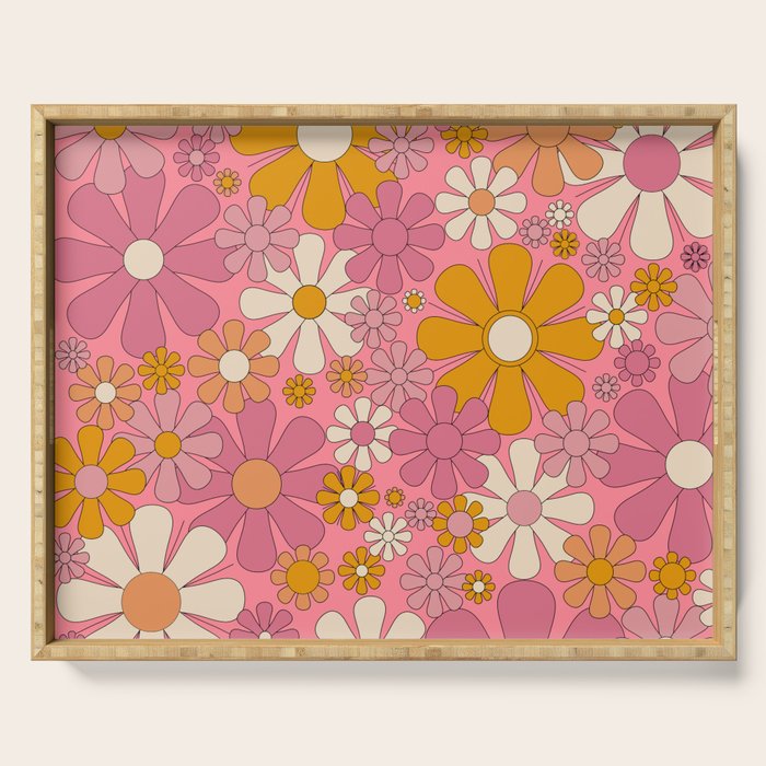 Groovy Pink Retro Garden Flowers 60s 70s Floral Pattern Serving Tray Gallery Image 1