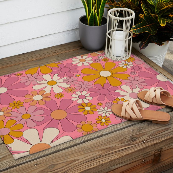 Groovy Pink Retro Garden Flowers 60s 70s Floral Pattern Outdoor Rug Gallery Image 2