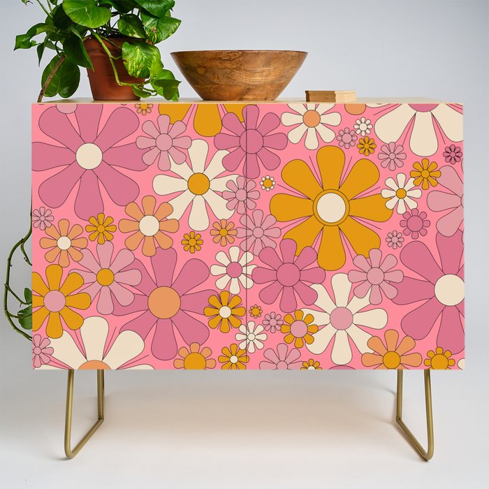 Groovy Pink Retro Garden Flowers 60s 70s Floral Pattern Credenza Gallery Image 1