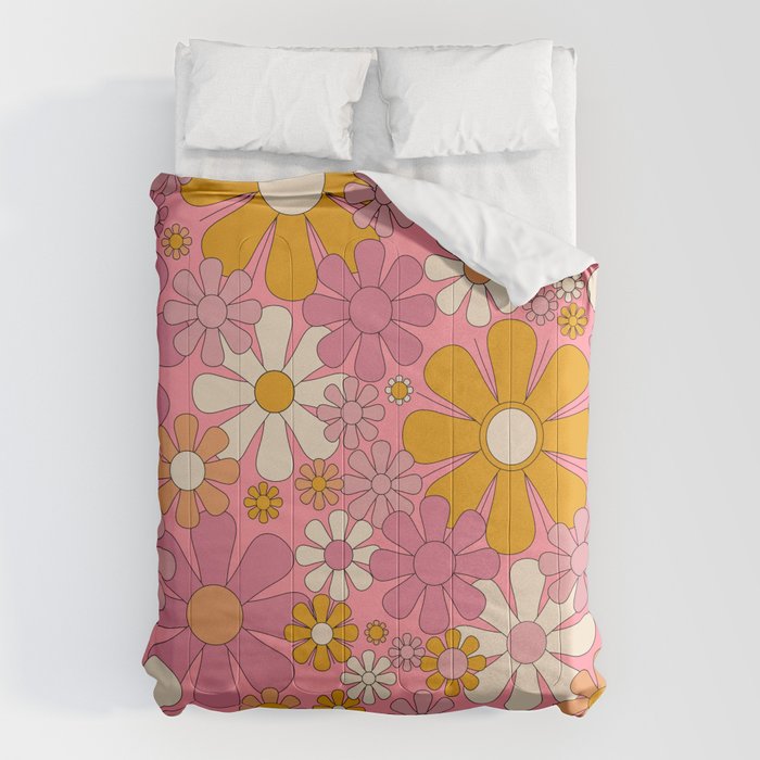 Groovy Pink Retro Garden Flowers 60s 70s Floral Pattern Comforter Gallery Image 1