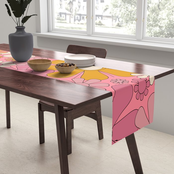 Groovy Pink Retro Garden Flowers 60s 70s Floral Pattern Table Runner Gallery Image 2