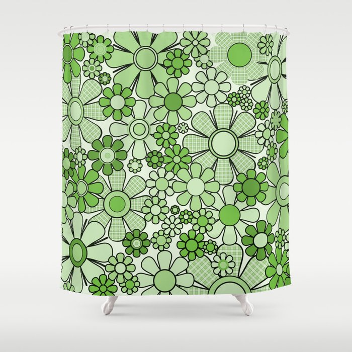 Retro Garden 60s 70s Lime Green Floral Gingham Flowers Pattern Shower Curtain Gallery Image 1