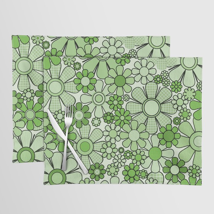 Retro Garden 60s 70s Lime Green Floral Gingham Flowers Pattern Placemat Gallery Image 1