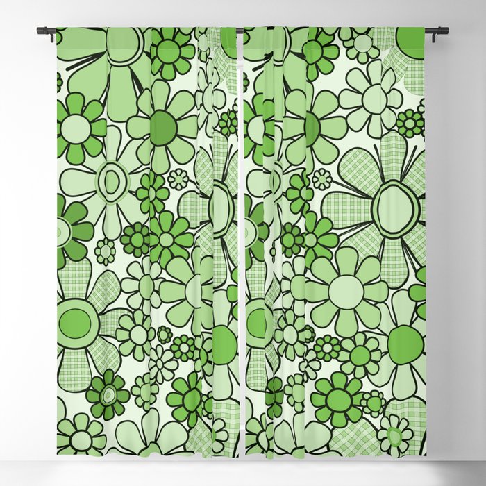 Retro Garden 60s 70s Lime Green Floral Gingham Flowers Pattern Window Curtain Gallery Image 5