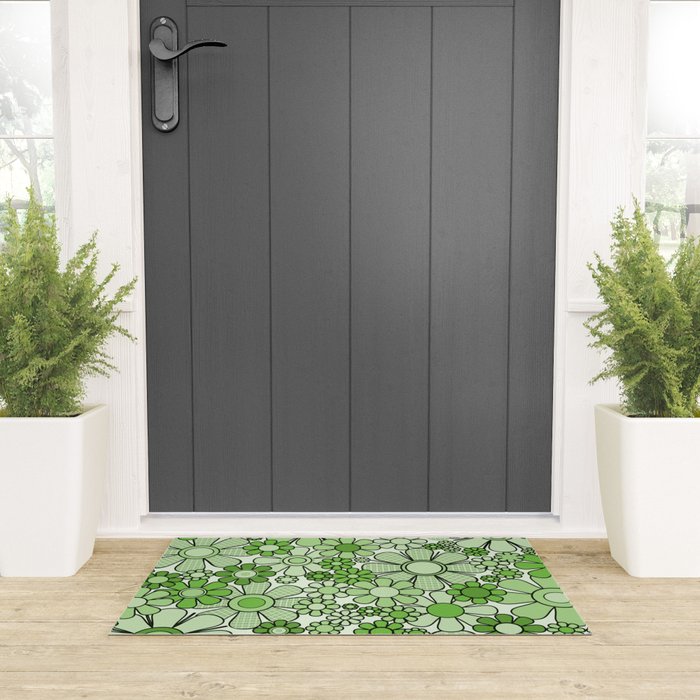 Retro Garden 60s 70s Lime Green Floral Gingham Flowers Pattern Welcome Mat Gallery Image 3