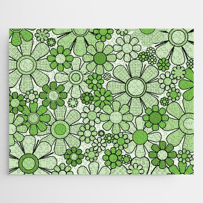 Retro Garden 60s 70s Lime Green Floral Gingham Flowers Pattern Jigsaw Puzzle Gallery Image 1