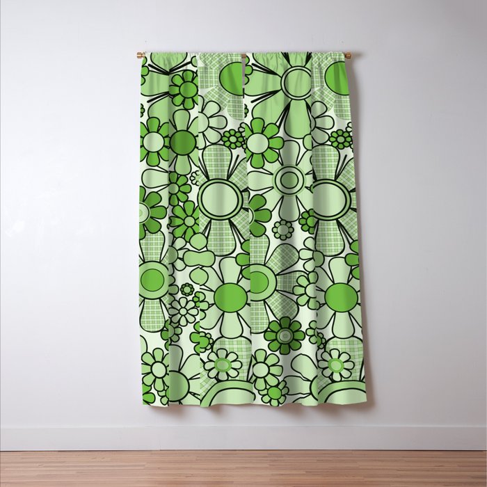 Retro Garden 60s 70s Lime Green Floral Gingham Flowers Pattern Window Curtain Gallery Image 3