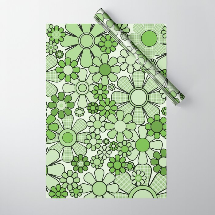 Retro Garden 60s 70s Lime Green Floral Gingham Flowers Pattern Wrapping Paper Gallery Image 1