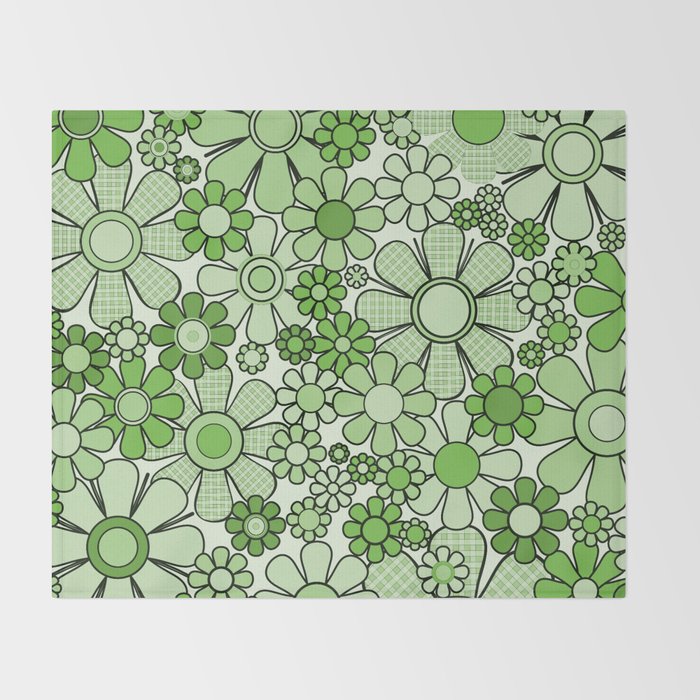 Retro Garden 60s 70s Lime Green Floral Gingham Flowers Pattern Throw Blanket Gallery Image 2
