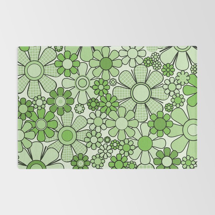 Retro Garden 60s 70s Lime Green Floral Gingham Flowers Pattern Rug Gallery Image 2