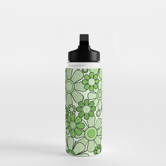 Retro Garden 60s 70s Lime Green Floral Gingham Flowers Pattern Water Bottle Gallery Image 3