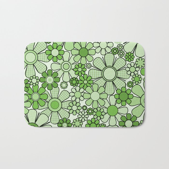 Retro Garden 60s 70s Lime Green Floral Gingham Flowers Pattern Bath Mat Gallery Image 1