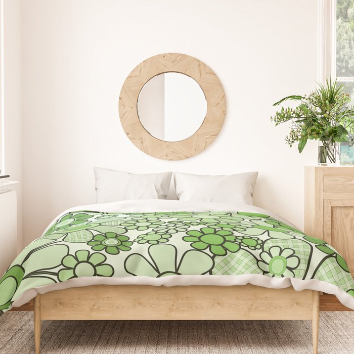 Retro Garden 60s 70s Lime Green Floral Gingham Flowers Pattern Duvet Cover Gallery Image 3