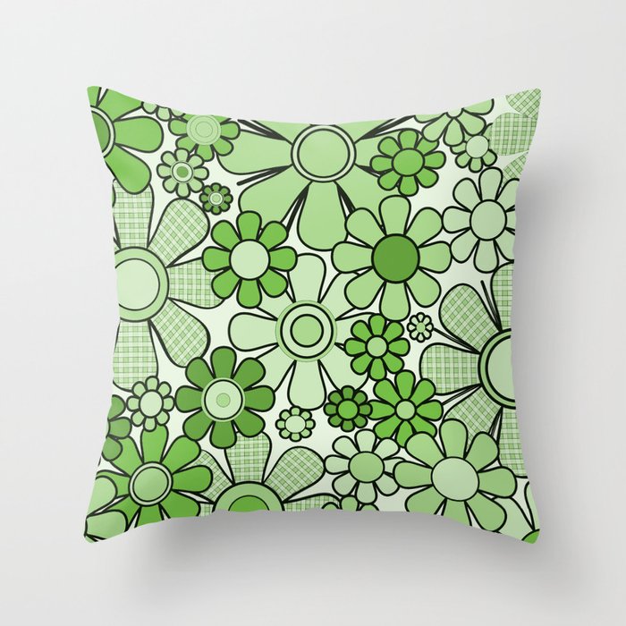 Retro Garden 60s 70s Lime Green Floral Gingham Flowers Pattern Throw Pillow Gallery Image 6