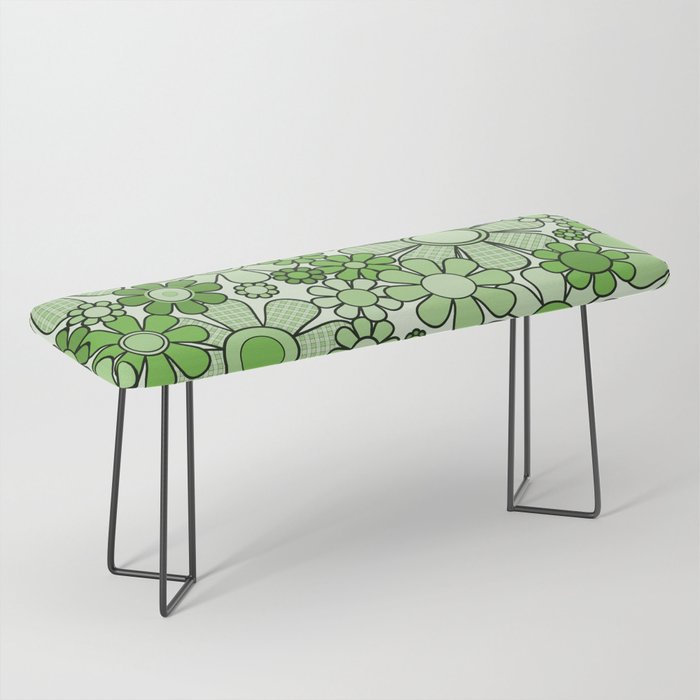Retro Garden 60s 70s Lime Green Floral Gingham Flowers Pattern Bench Gallery Image 1