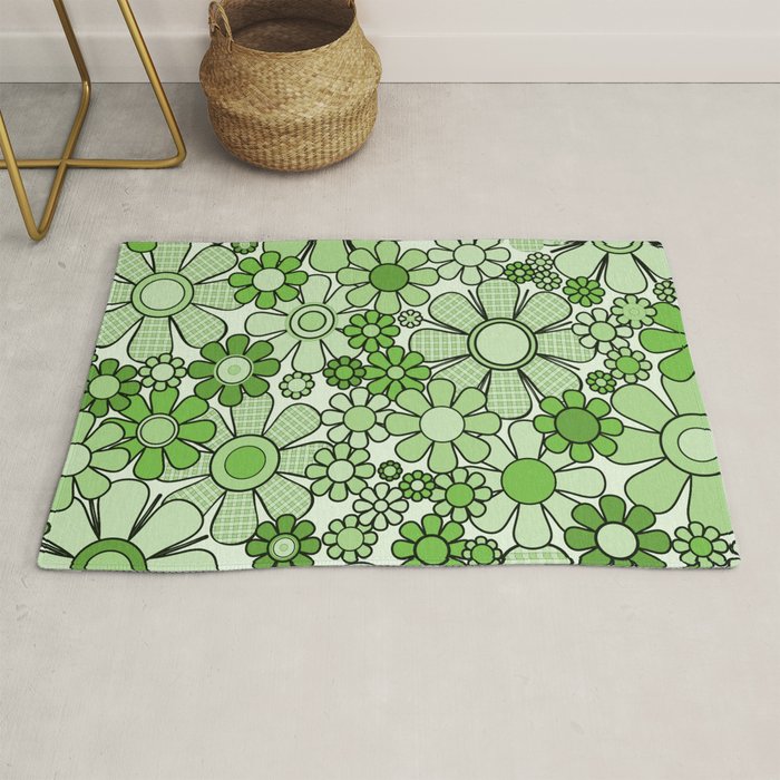 Retro Garden 60s 70s Lime Green Floral Gingham Flowers Pattern Rug Gallery Image 1