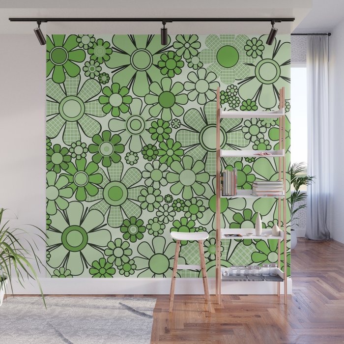 Retro Garden 60s 70s Lime Green Floral Gingham Flowers Pattern Wall Mural Gallery Image 1