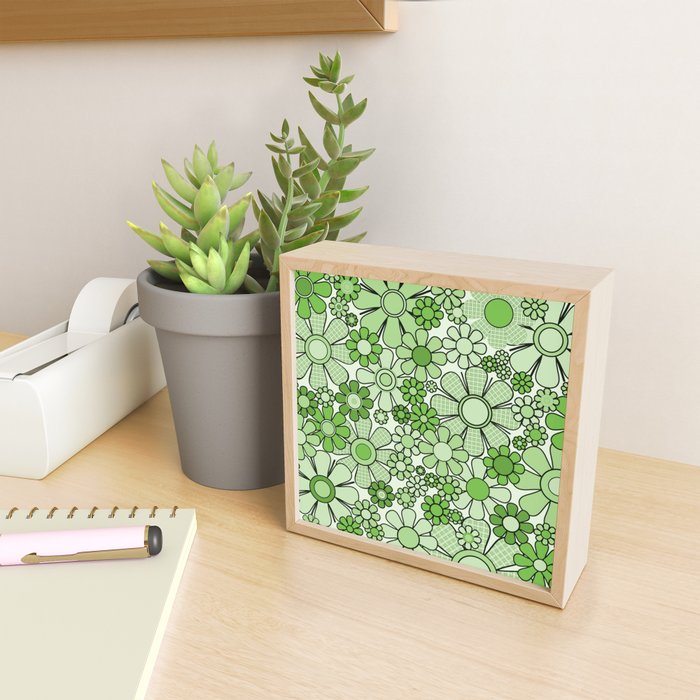 Retro Garden 60s 70s Lime Green Floral Gingham Flowers Pattern Mini Art Print Gallery Image 2