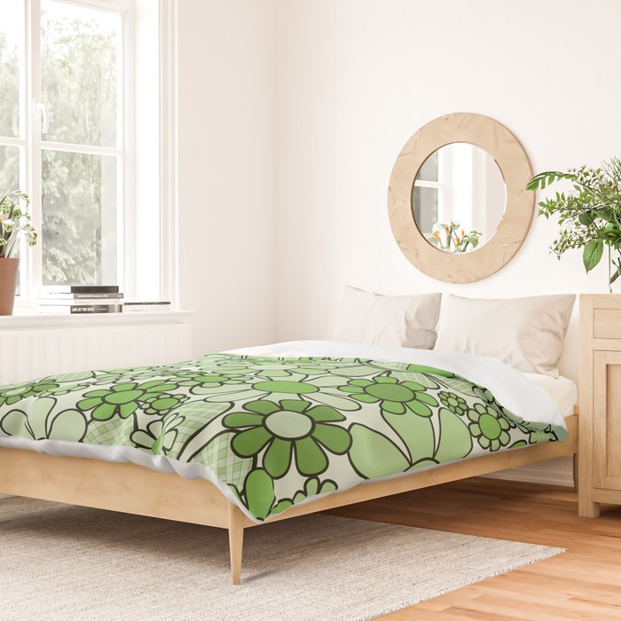 Retro Garden 60s 70s Lime Green Floral Gingham Flowers Pattern Duvet Cover Gallery Image 2
