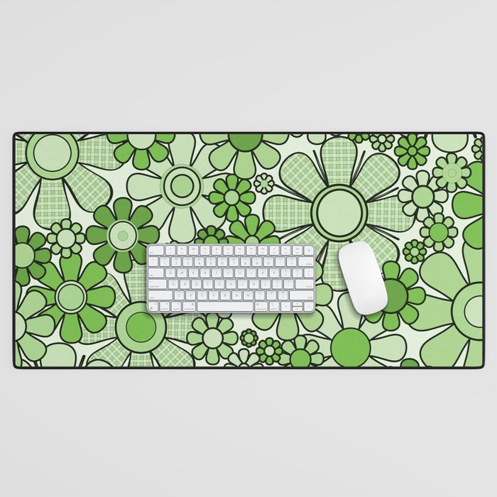 Retro Garden 60s 70s Lime Green Floral Gingham Flowers Pattern Desk Mat Gallery Image 1