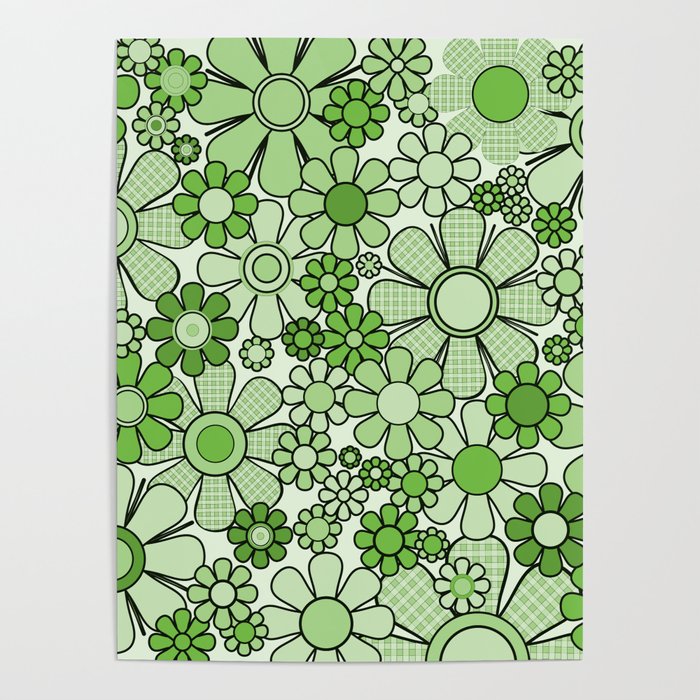 Retro Garden 60s 70s Lime Green Floral Gingham Flowers Pattern Poster Gallery Image 1