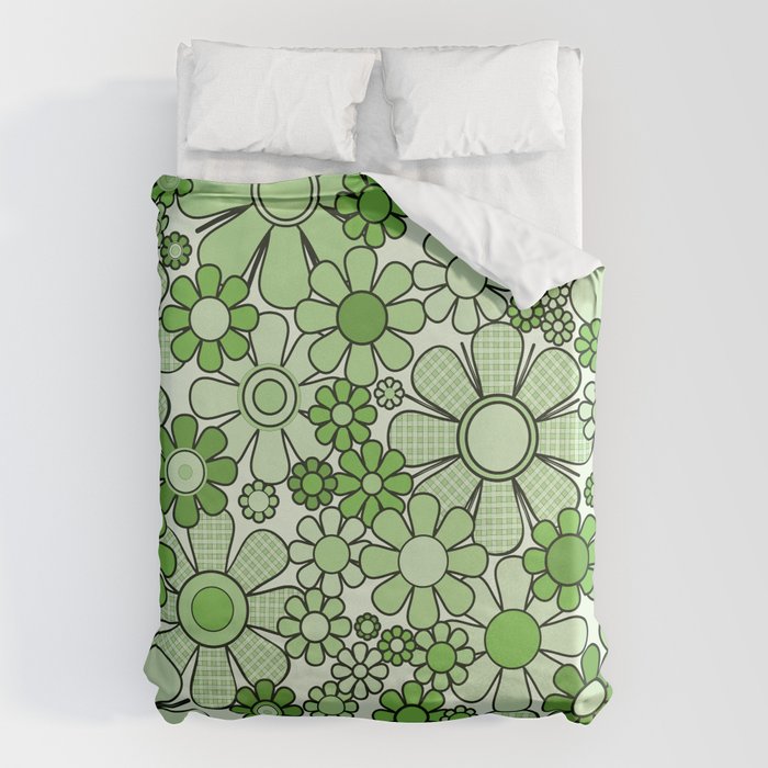 Retro Garden 60s 70s Lime Green Floral Gingham Flowers Pattern Duvet Cover Gallery Image 1