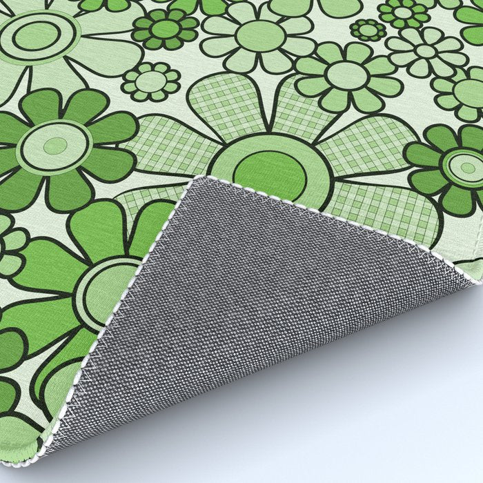 Retro Garden 60s 70s Lime Green Floral Gingham Flowers Pattern Rug Gallery Image 4