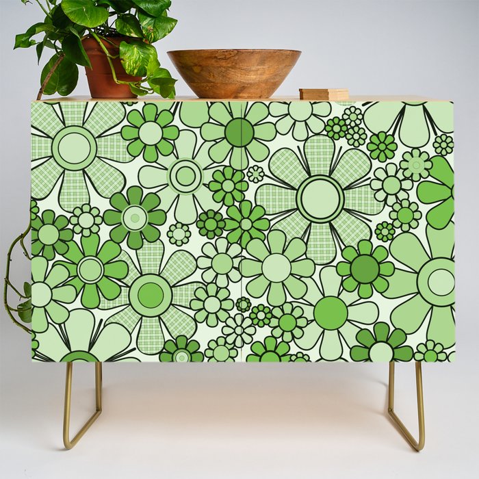 Retro Garden 60s 70s Lime Green Floral Gingham Flowers Pattern Credenza Gallery Image 1