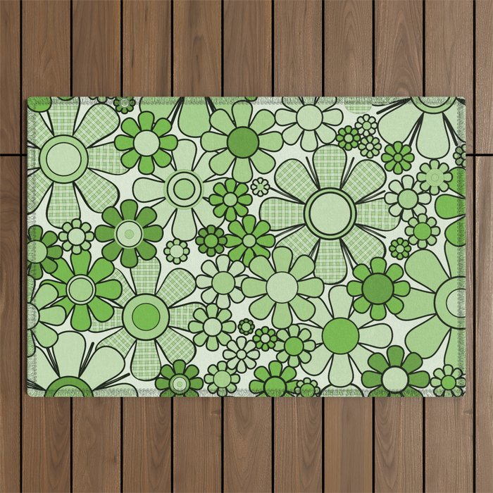 Retro Garden 60s 70s Lime Green Floral Gingham Flowers Pattern Outdoor Rug Gallery Image 1