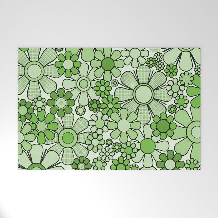 Retro Garden 60s 70s Lime Green Floral Gingham Flowers Pattern Welcome Mat Gallery Image 1