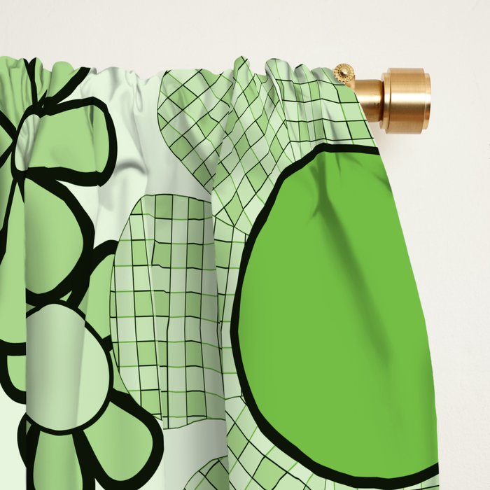 Retro Garden 60s 70s Lime Green Floral Gingham Flowers Pattern Window Curtain Gallery Image 2