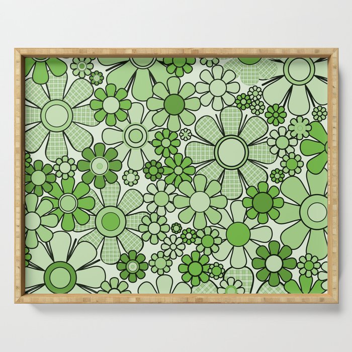 Retro Garden 60s 70s Lime Green Floral Gingham Flowers Pattern Serving Tray Gallery Image 1