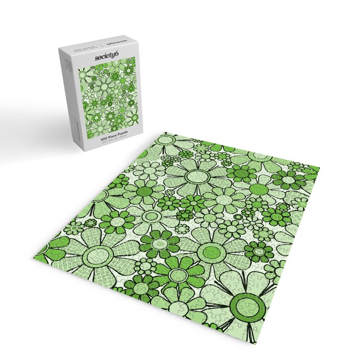 Retro Garden 60s 70s Lime Green Floral Gingham Flowers Pattern Jigsaw Puzzle Gallery Image 2