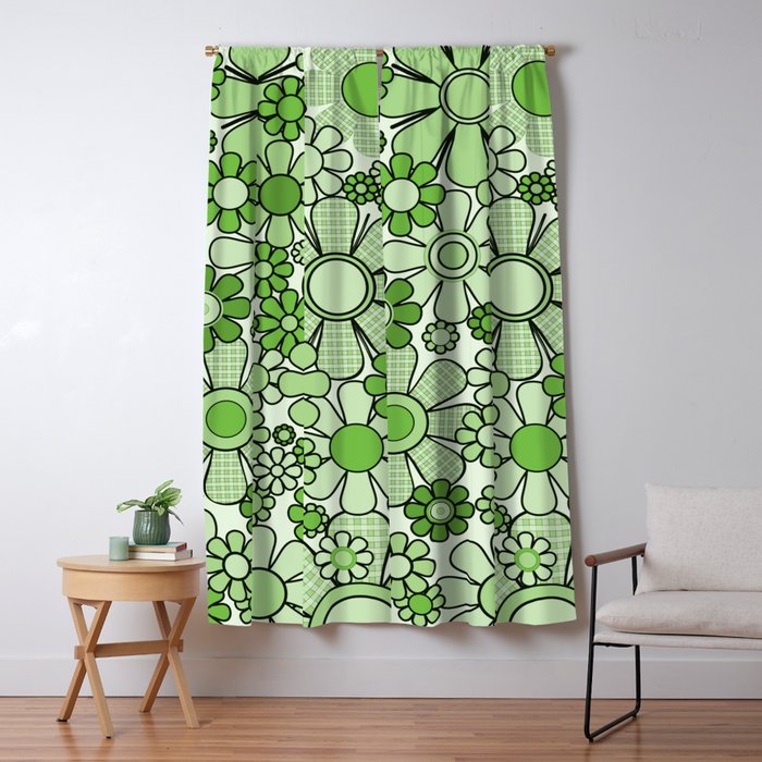 Retro Garden 60s 70s Lime Green Floral Gingham Flowers Pattern Window Curtain Gallery Image 5