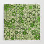 Retro Garden 60s 70s Lime Green Floral Gingham Flowers Pattern Wood Wall Art Gallery Image 1