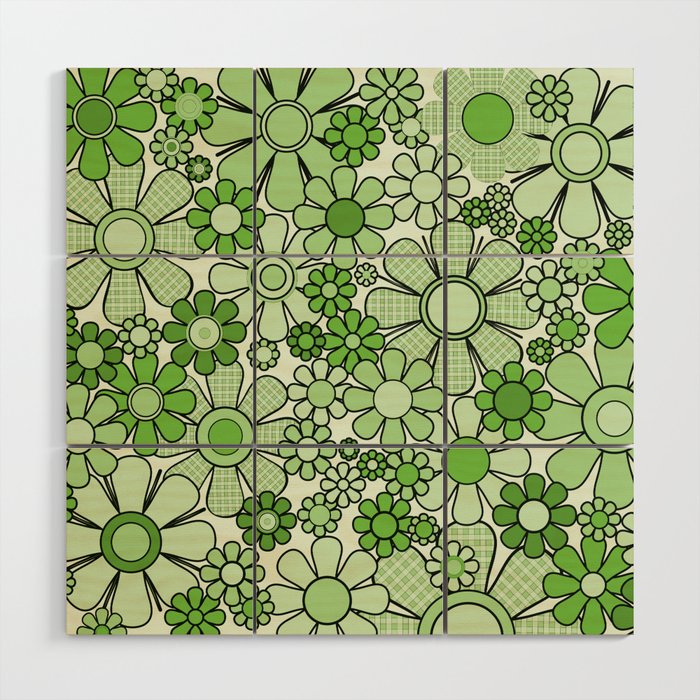 Retro Garden 60s 70s Lime Green Floral Gingham Flowers Pattern Wood Wall Art Gallery Image 1