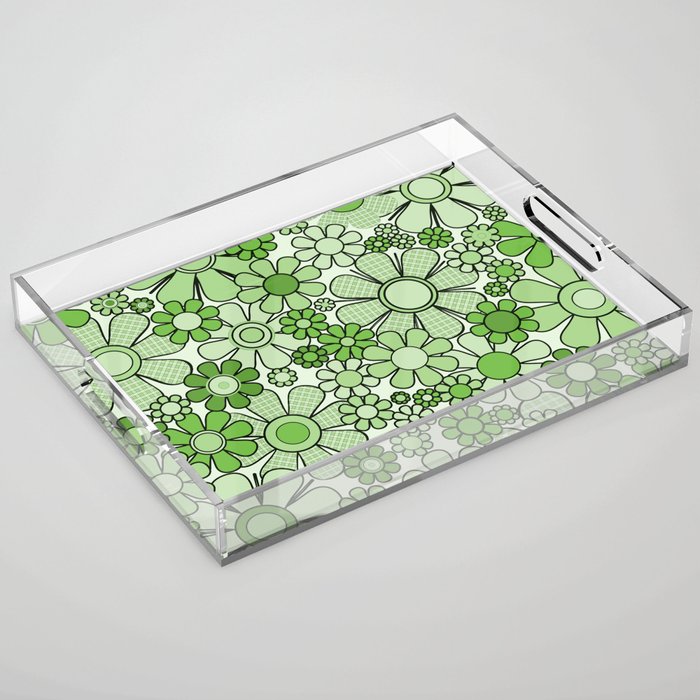 Retro Garden 60s 70s Lime Green Floral Gingham Flowers Pattern Acrylic Tray Gallery Image 1